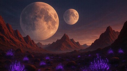 Alien landscape with two giant moons rising over surreal mountains and glowing purple plants, dreamy otherworldly atmosphere in a distant exoplanet - Powered by Adobe