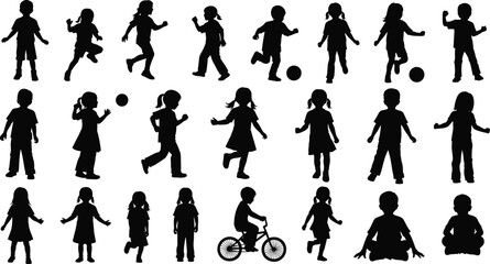 Collection of Children Silhouettes in Various Poses and Activities on White Background kids boys