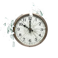 A broken clock with shattered glass and frozen hands, symbolizing lost time, isolated on white or transparent background. PNG