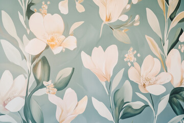 A beautiful artistic mural of delicate cream and pastel-colored flowers with lush green foliage painted against a soft, dusty blue-green background, a romantic botanical design