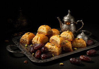 Dark moody still life of silver teapot with dates and baklava on ornate tray in oriental style