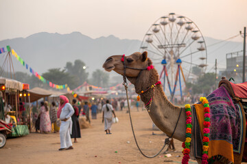 Camel pulling colorful cart at desert fair
