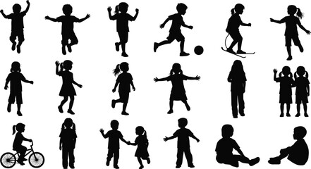 Diverse Silhouettes of Children Engaged in Various Activities on White Background kids boys
