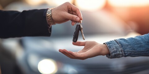 The transfer of car keys during a significant vehicle handover moment.