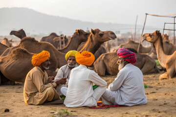Camel traders sitting at Pushkar livestock fair
