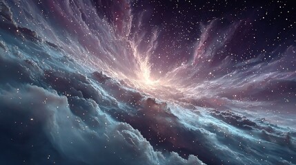 Celestial clouds explode with light, radiating outwards through a starry night sky