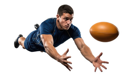Intense rugby player diving to catch the ball mid-air demonstrating athleticism and determination for sports marketing and fitness campaigns