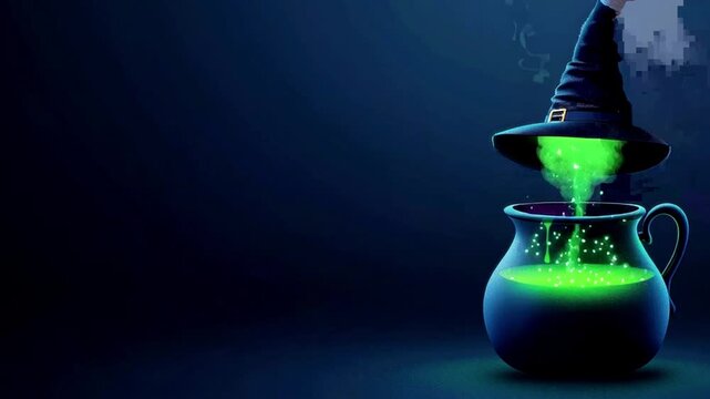 Enchanted cauldron with glowing potion and witch's hat