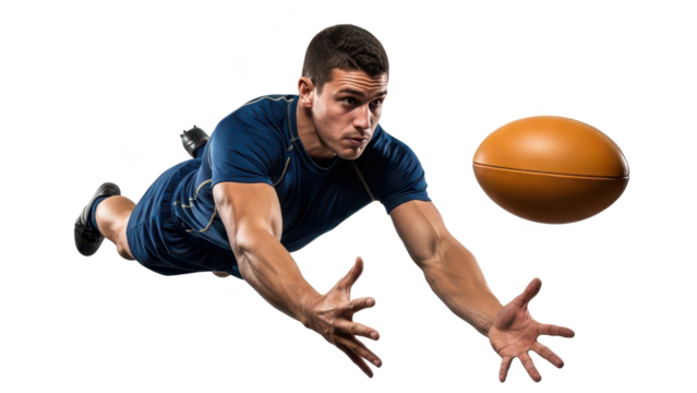 Intense rugby player diving to catch the ball mid-air demonstrating athleticism and determination for sports marketing and fitness campaigns - Powered by Adobe
