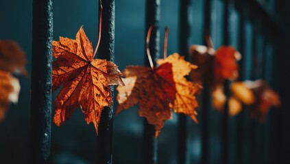Obraz premium Close Up Autumn Leaves On Dark Metal Fence