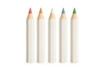Five white colored pencils with different colored tips standing upright on a transparent background, ready for creative drawing and coloring