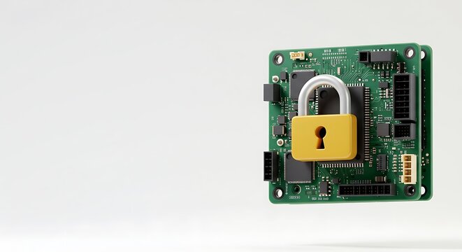 close up of a puter motherboard with a safety lock symbol, depicting a secure connection or cybersecurity service concept