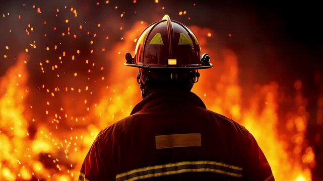 Firefighter facing a blazing wildfire at sunset