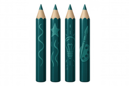 Teal pencils positioned vertically, featuring creative icons like light bulb, star, paintbrush, palette, and wavy lines against transparent backdrop