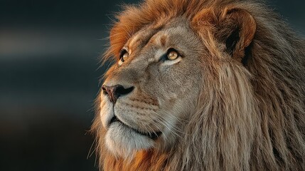 Fototapeta premium Close-up lion, golden-hued mane, looking upward