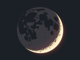 Astronomical artwork with crescent moon glowing in night sky with realistic craters and surface details. Simple creative silhouette of the moon. Space beauty and cosmic silence. Vector illustration