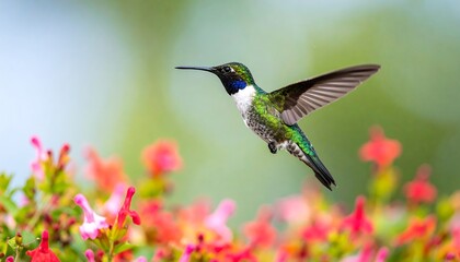 Fototapeta premium A vibrant hummingbird hovers amidst a colorful array of blossoms, showcasing its beauty and graceful flight.