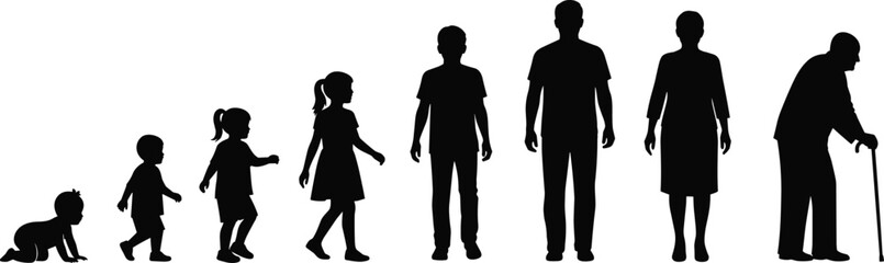 Silhouettes of human life stages from crawling baby to elderly man with cane vector illustration