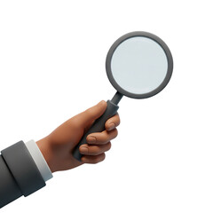 3D Render: Cartoon Hand Holding Magnifying Glass, Search Concept, Investigation, Modern Style, Isolated on transparent Background