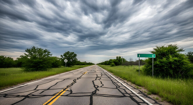 Highway landscape under a dramatic sky on cracked asphalt, rural journey view - Powered by Adobe