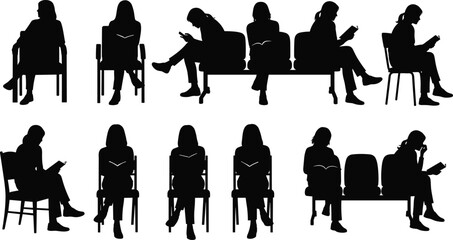 Silhouettes of women sitting and reading books on white background woman female