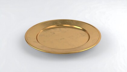 A golden, circular platter sits elegantly on a plain background.