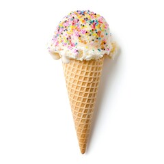 Single scoop of vanilla ice cream with sprinkles, nestled in a waffle cone