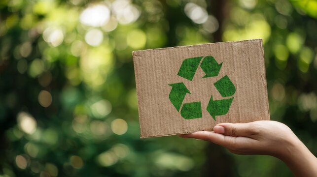 Eco Friendly Recycling Concept with Hand and Cardboard Symbol Outdoors - Powered by Adobe