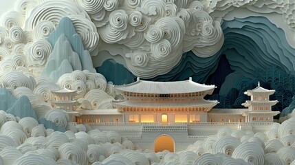Paper-cut Asian temple nestled in clouds