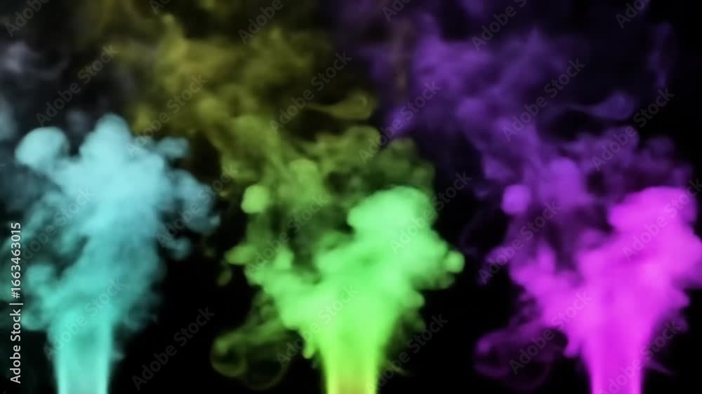 Poster three vibrant plumes of colored smoke rise against a stark black background, creating a visually str