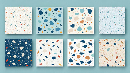 Eight square panels display various colorful terrazzo patterns on a blue background, texture mosaic