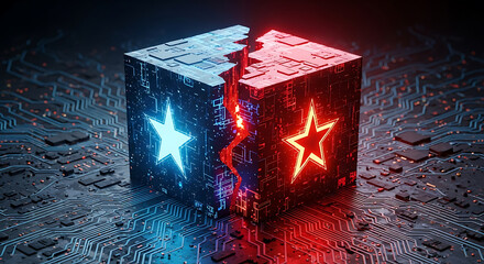 Divergence of ideals, represented by fractured cybernetic cube split apart