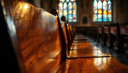Close-up of polished wooden pews in medieval church with soft stained-glass lighting
