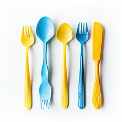 Colorful plastic cutlery set, five pieces, yellow and blue,  on white background