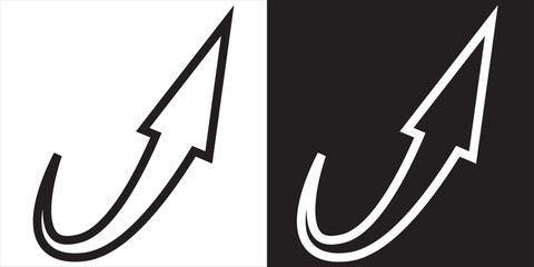 Curved upward arrow icon in black and white. Minimalist graphic of a curved upward arrow shown in black on white and white on black, symbolizing progress, growth, or direction.