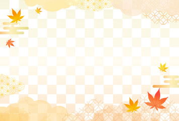 Fototapeta na wymiar 秋　水彩風 紅葉と和柄 背景 市松模様 