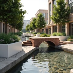 Peaceful Stream with Modern Arch Bridge Design