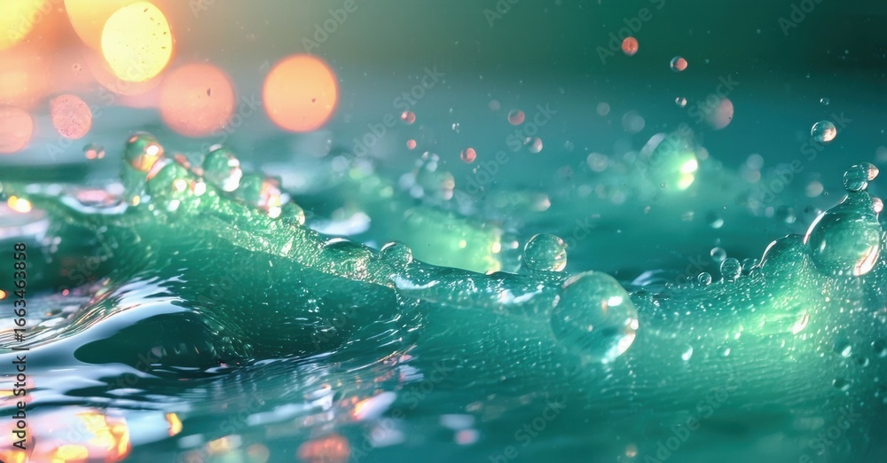 Poster vibrant water surface, dynamic waves, splashes. bokeh lights create soft background glow. turquoise 
