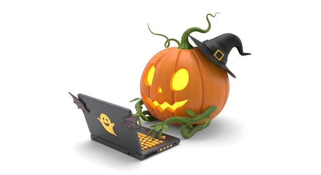 A whimsical Halloween scene featuring a pumpkin witch working on a laptop, with a friendly ghost and cat, perfect for holiday designs and social media with isolated white background