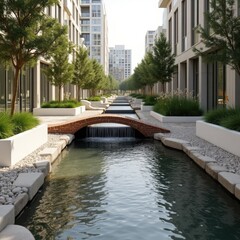Contemporary Garden with Bridge and Waterfall