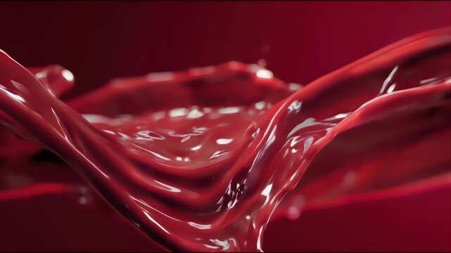 Striking red iron oxide fluid swirl with glossy texture, perfect for commercial, cosmetic, and scientific design applications, featuring Vitamin B12, featuring Erythrosine, featuring Riboflavin