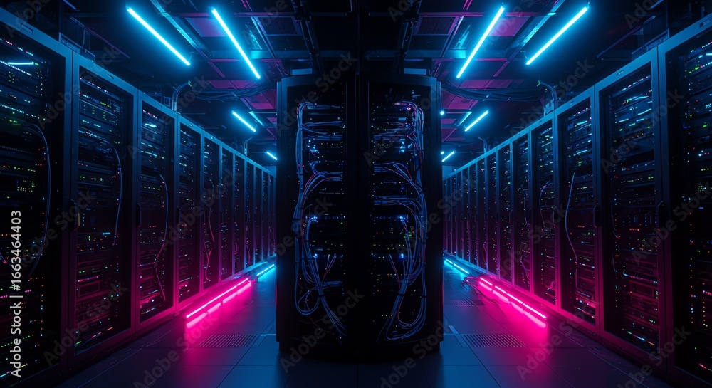 Poster server room with rows of computer racks