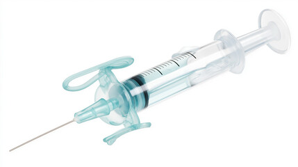 Medical syringe filled with transparent fluid, used during heart operation, (clean modern detail, white and transparent  isolated background