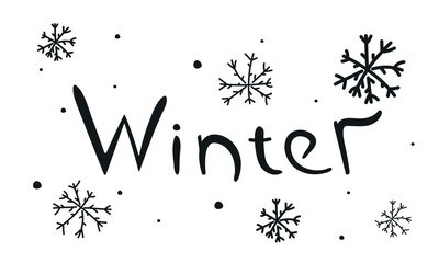 Silhouette composition of winter snowflakes and snow.