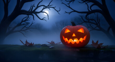 A glowing jack-o-lantern illuminates a haunting scene with a full moon and raven, perfect for Halloween-themed projects. Evoke a sense of mystery, magic, and seasonal fun with this image.