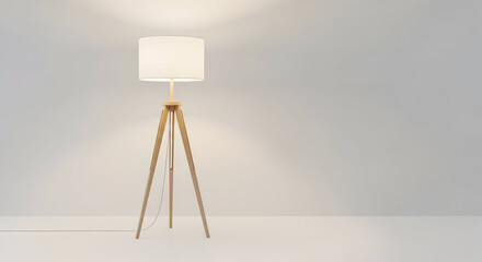 Minimalist wooden tripod floor lamp with white shade in neutral room, modern home lighting design