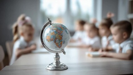 Globe in the Classroom: A detailed globe stands prominently on a wooden desk, while out-of-focus children engage in an interactive lesson, subtly emphasizing education and global awareness. - Powered by Adobe