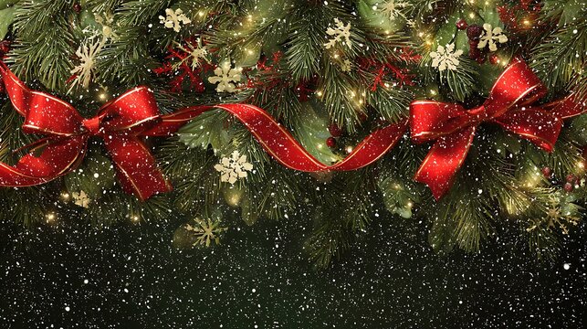 Christmas wreath with red ribbon and snowflakes against a snowy background.