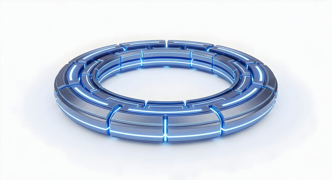 Futuristic glowing energy ring with blue neon lights, sci-fi technology interface concept