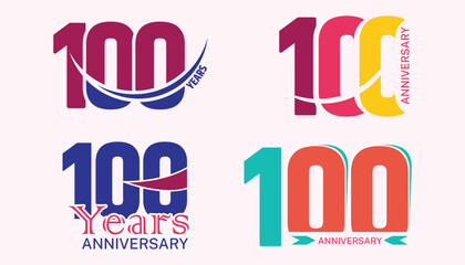 Set of 100th anniversary logos and celebration badges. Modern vector design templates for corporate events.